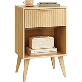 YAUKOMEL Fluted Night Stand with Opening Storage,Mid Century Bedside Table with Drawer,Wood Nightstand with Solid Wood Legs,End Table Side Table for Living Room,Bedroom,Natural CTG56Y