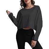 MATEAM Womens Workout Tops Casual Sweatshirt Long Sleeve Cropped Plain t Shirts Crewneck Ladies Going Out Crop Loose Fit Fall Outfits for Women 2025 Trendy Dark Grey XS