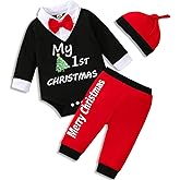 VINUOKER Infant Baby First Christmas Outfit Xmas Santa Baby Jumpsuit Romper 3pc Cotton Outfit Set