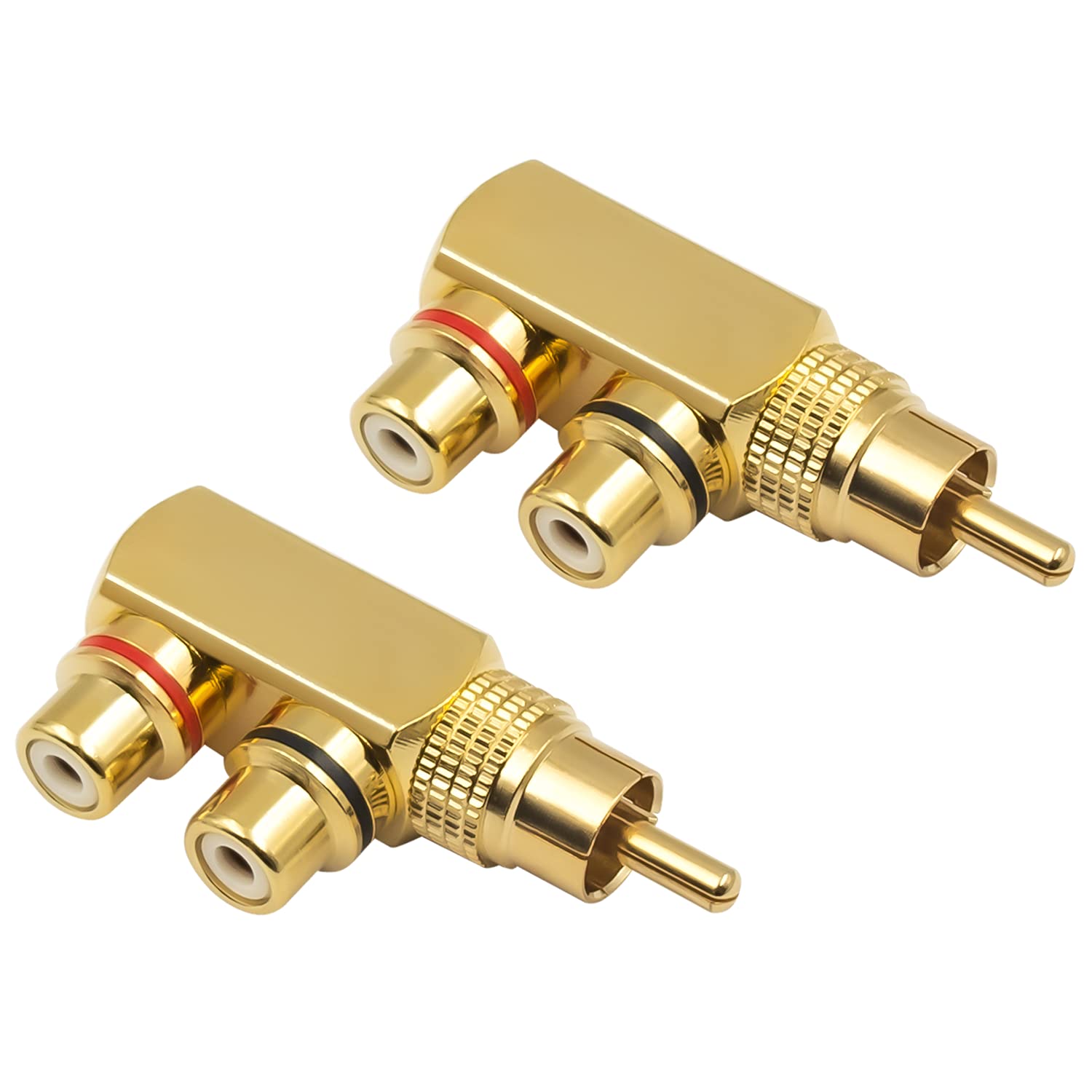 Duttek RCA Y Splitter Adapter, 90 Degree Right Angle RCA Male to 2 RCA Female AV Splitter Adapter Connector, Gold Plated Jack Audio Video Y Splitter(2 pack)