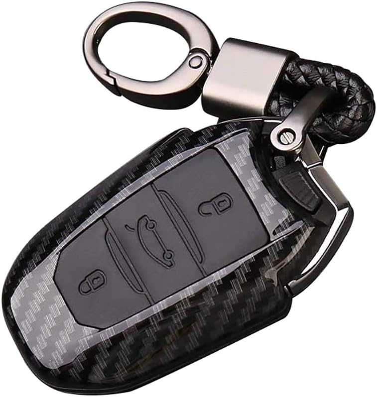 Happyit ABS Carbon Fiber Shell + Silicone Car Key Case Cover Keychain for 206 301 307 308 408 508 2008 3085 3008 3 Buttons (Black)