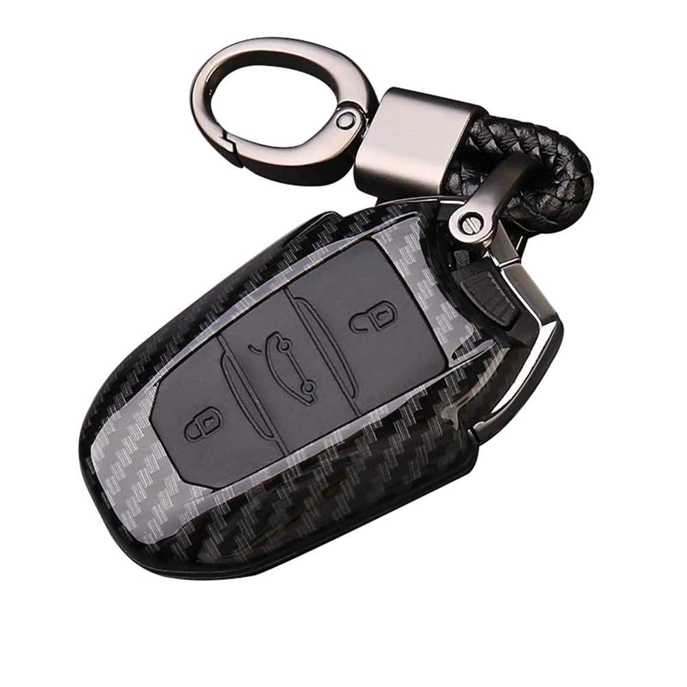 Happyit ABS Carbon Fiber Shell + Silicone Car Key Case Cover Keychain for 206 301 307 308 408 508 2008 3085 3008 3 Buttons (Black)