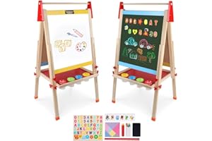 Kids Wooden Art Easel Double-Sided Whiteboard and Chalkboard Adjustable Standing Easel Painting Drawing Board with Paper Roll