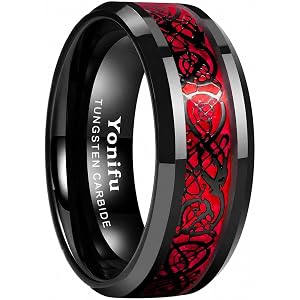 YONIFU 8mm Black Tungsten Carbide Ring for Men Women, Celtic Dragon Glow Inlay Wedding Band, Gothic Fantasy Viking Ring, Emer