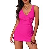 Hilor Women's Underwire One Piece Swimsuits Twist Front V-Neck Swimdress Flowy Tummy Control Skirted Bathing Suit Swim Dress