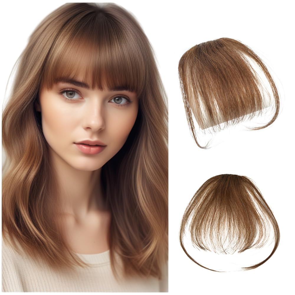 Clip in Bangs 100% Human Hair in Hair extensions Fringe with Temples Clip Hairpieces for Party and Daily Wear（Air Bangs,Light Brown）