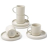 famiware Star Espresso Cups and Saucers Set of 4, [ Mini ] 3 oz Ceramic Small Coffee Mug with Handle, Ribbed Stoneware Demitasse Cup for Tea, Latte - Microwave & Dishwasher Safe - Matte White