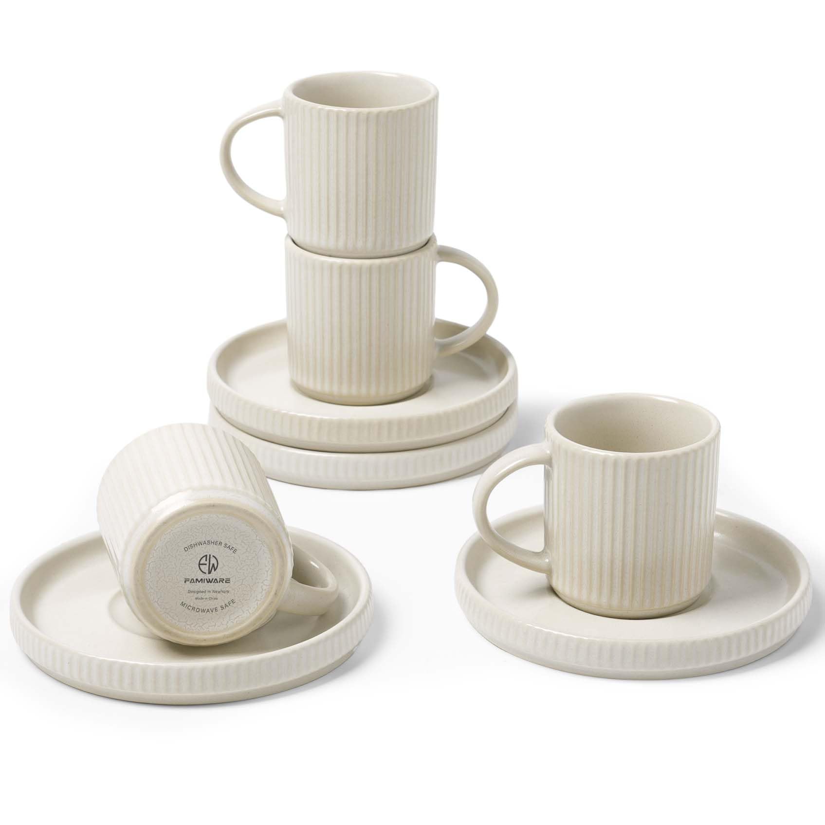 Photo 1 of famiware Star Espresso Cups and Saucers Set of 4, [ Mini ] 3 oz Ceramic Small Coffee Mug with Handle, Ribbed Stoneware Demitasse Cup for Tea, Latte - Microwave & Dishwasher Safe - Matte White