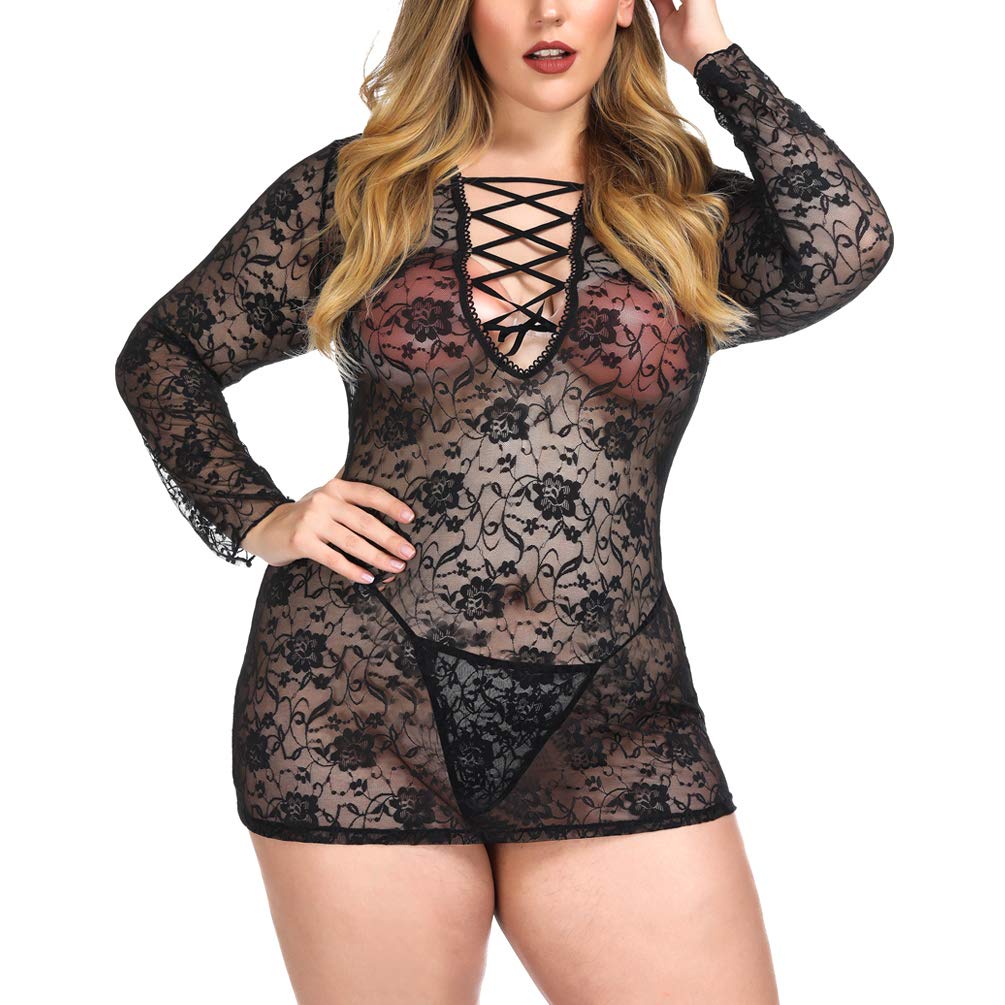 ENJOYNIGHT Women\'s Lingerie Lace Babydoll Plus Size Sleepwear Nightwear (3XL, Black2)