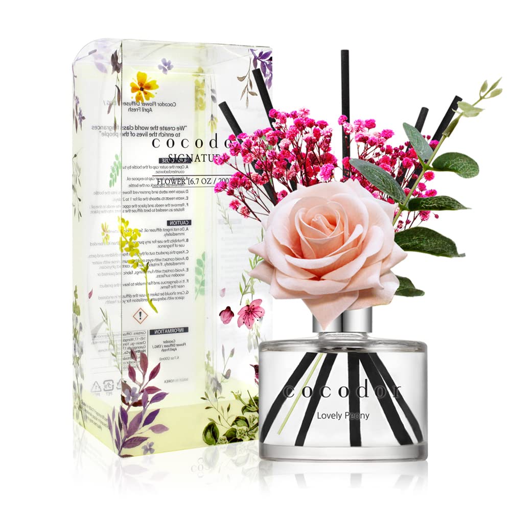 Cocod'or [COCODOR/Lovely Peony Reed diffuser oil 200ml with Rose, Eucalyptus and Preserved Flower sticks. Best for Home, Kitchen, Bathroom. Diffusers with Sticks