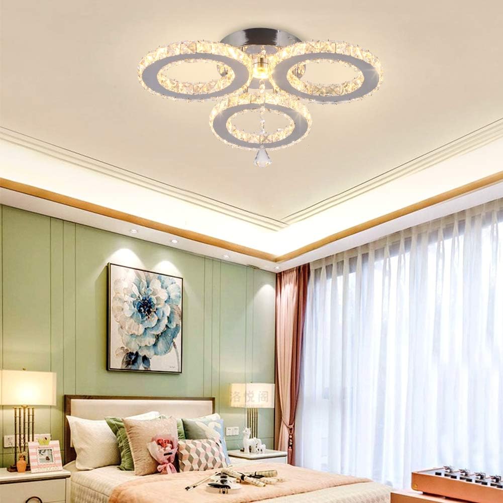 diisunbihuo LED Crystal Pendant Ceiling Light 13x3.5 Inches 3 Rings Crystal Chandelier Flush Mount Lighting Fixture for Bedroom Hobby Living Room (Warm White) - Image 4
