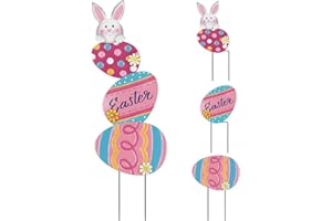 hogardeck Easter Decorations Outdoor, 3 Stacked Easter Eggs Decorative Garden Stakes with Bunny for Spring Decor, Metal Easter Yard Sign for Home Outside Garden Lawn Front Porch Decorations, Pink