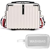 Holxeli 15 Inch Portable Hard Shell Makeup Case, Mini Cosmetic Travel Luggage Case with Shoulder Strap, Small Travel Suitcase Train Case with Toiletry Bag, ABS Material, White
