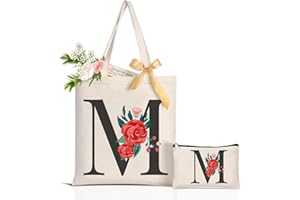 DEEZOMO Floral Initial Canvas Tote Bag for Women Bridesmaid Gifts - Personalized Monogrammed Beach Bags for Holiday, Wedding