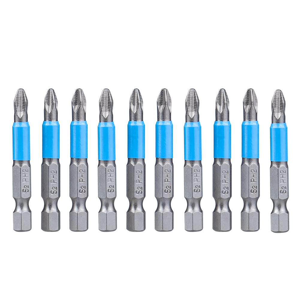 Gasea 10pcs Magnetic PH2 Screwdriver Bits Set, Anti Slip Cross Head Phillips Screwdriver Bits with 1/4" Hex Shank for Furniture Assembly, Machinery Maintenance (PH2 x 50MM)