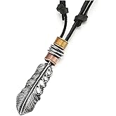COOLSTEELANDBEYOND Retro Style Mens Womens Old Metal Finished Feather Pendant Necklace Adjustable Black Leather Cord