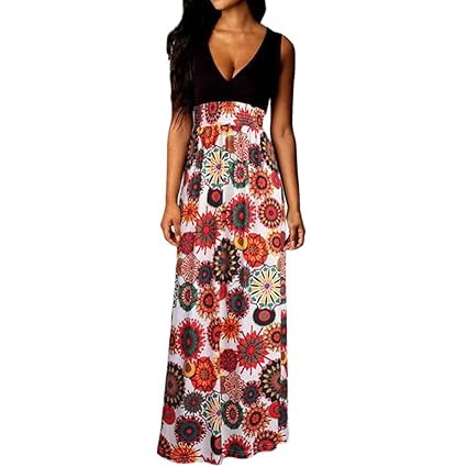 Hirolan Damen Boho Maxi Strandkleidung Lange Cocktail Party Blumenkleid Bekleidung Sommerkleider Knielang Bohemian Blusenklei