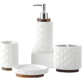 RQYIXI Bathroom Accessories Set 4 Pcs Toothbrush Holder Soap Dispenser Ceramic and Wood Bathroom Decor Set Contain Toothbrush Cup Soap Dish Tumbler White
