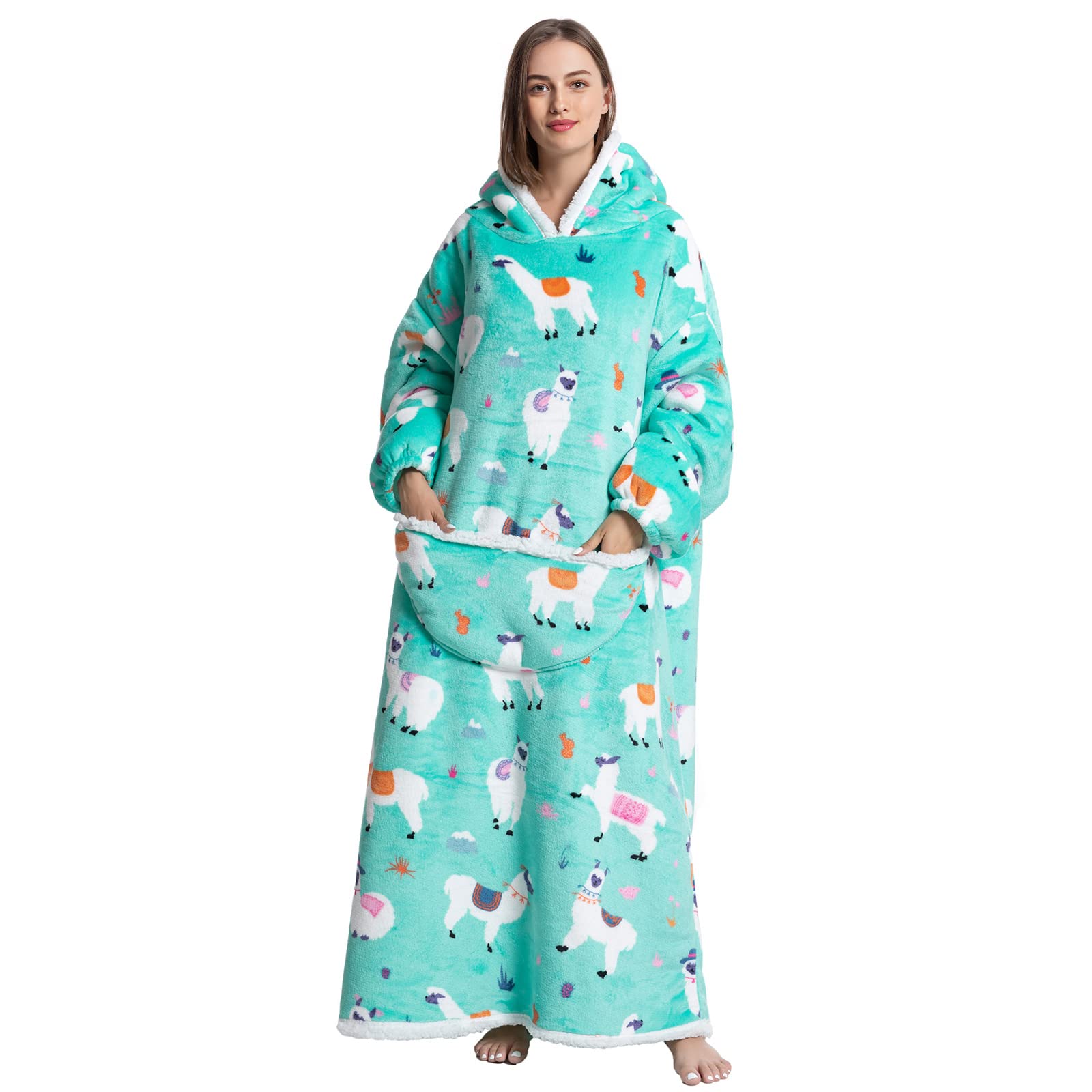 Extra Long Blanket Hoodie, Women Men Sherpa Fleece Snuggle Wearable Blanket, Fluffy Giant Hooded Sweatshirt for Adult Teen