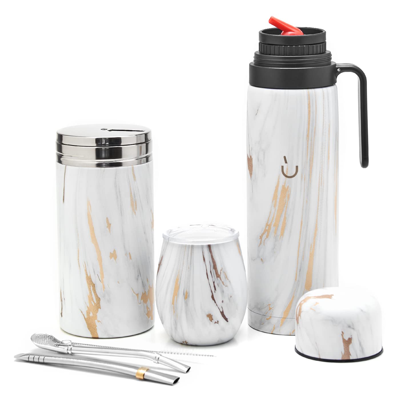 BALIBETOV Complete Yerba Mate Set - Modern Mate Gourd, Vacuum Flask, Yerba Container, Bombilla and Cleaning Brush Included - All Premium Quality 304 18/8 Stainless Steel (Gold Marble)
