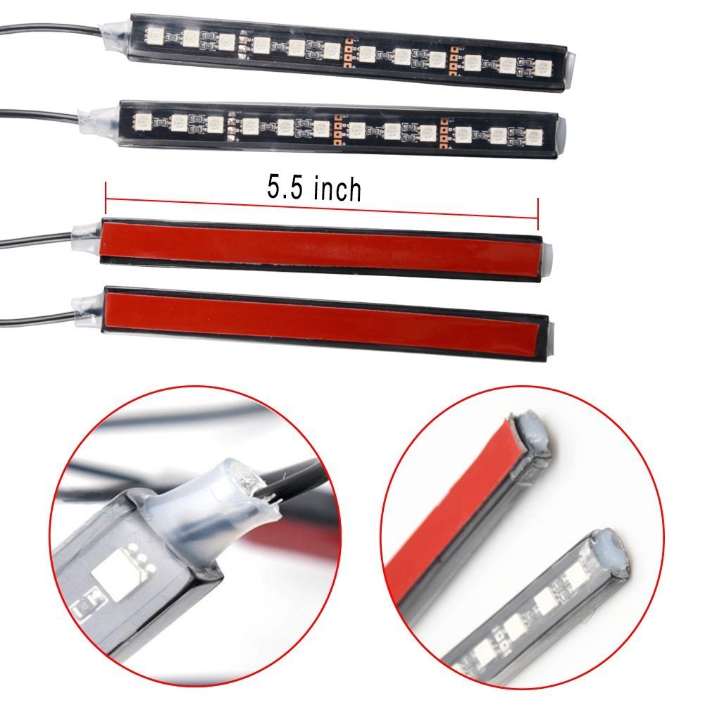 Car LED Strip Light,FICBOX （Upgraded）4Pcs 48 LEDs Multi-Color Car Interior Light,Auto Atmosphere Lights Strip Waterproof Glow Neon Lighting Kit with Wireless Remote Control and Car Charger