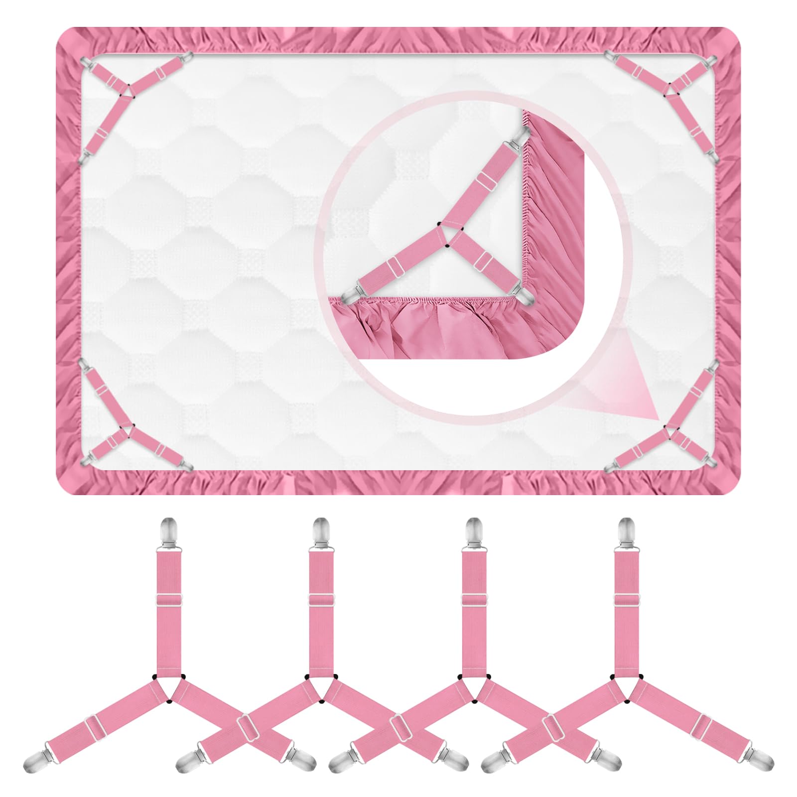 Bed Sheet Clips, Adjustable Fitted Sheet Straps, Triangle Bed Sheet Straps Sheet in Mattress Corner Holders Keep Sheets Firm & Tight, Bed Sheet Straps Adjustable Elastic Bedsheet Fasteners (Pink)