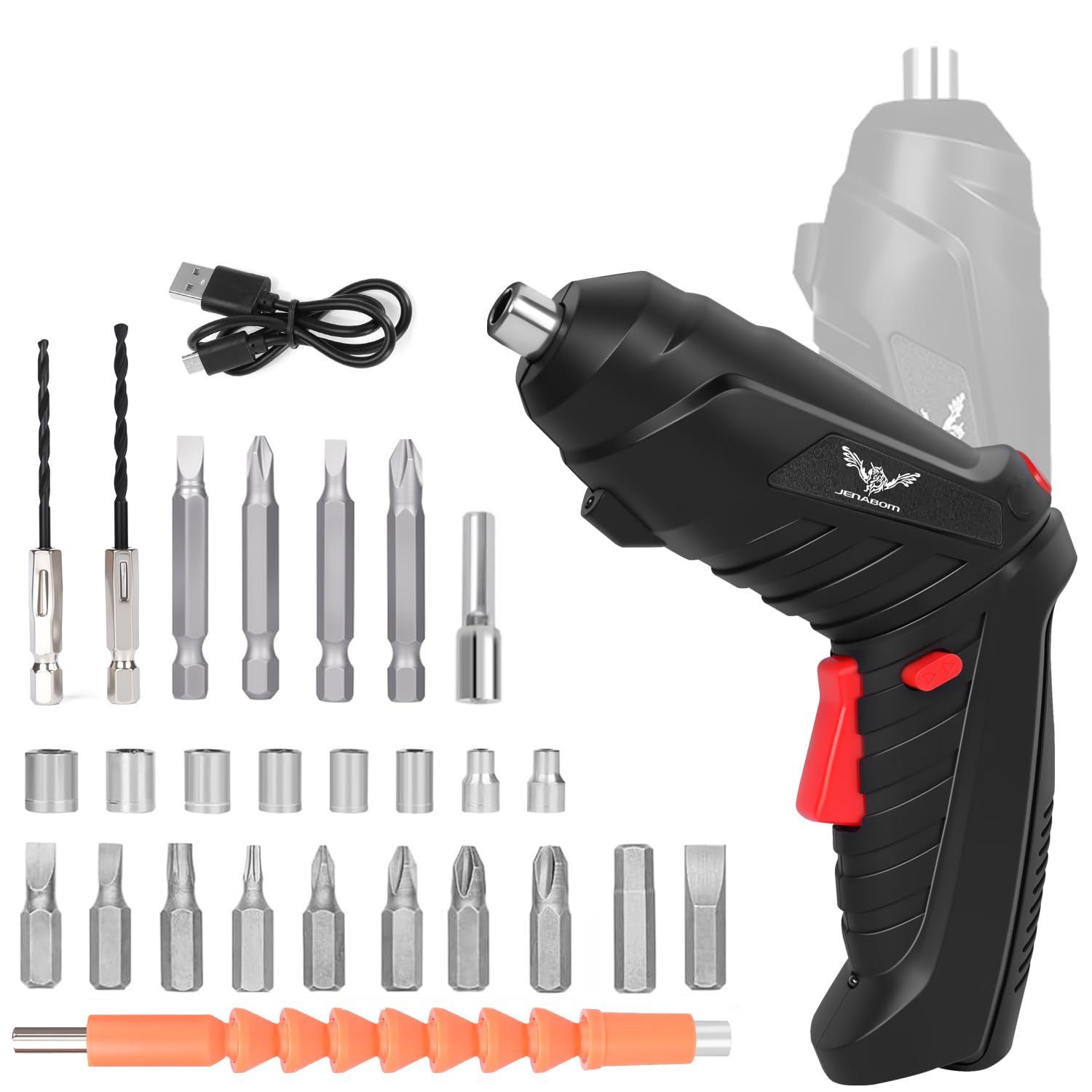 Photo 1 of JENABOM 28 in 1 Electric Screwdriver Cordless Rechargeable Small Power Drill Set 3.6V Li-ion 3.5Nm Max Torque Electric Rotatable with LED Light Screwdriver for Home Office DIY Tools (Black)