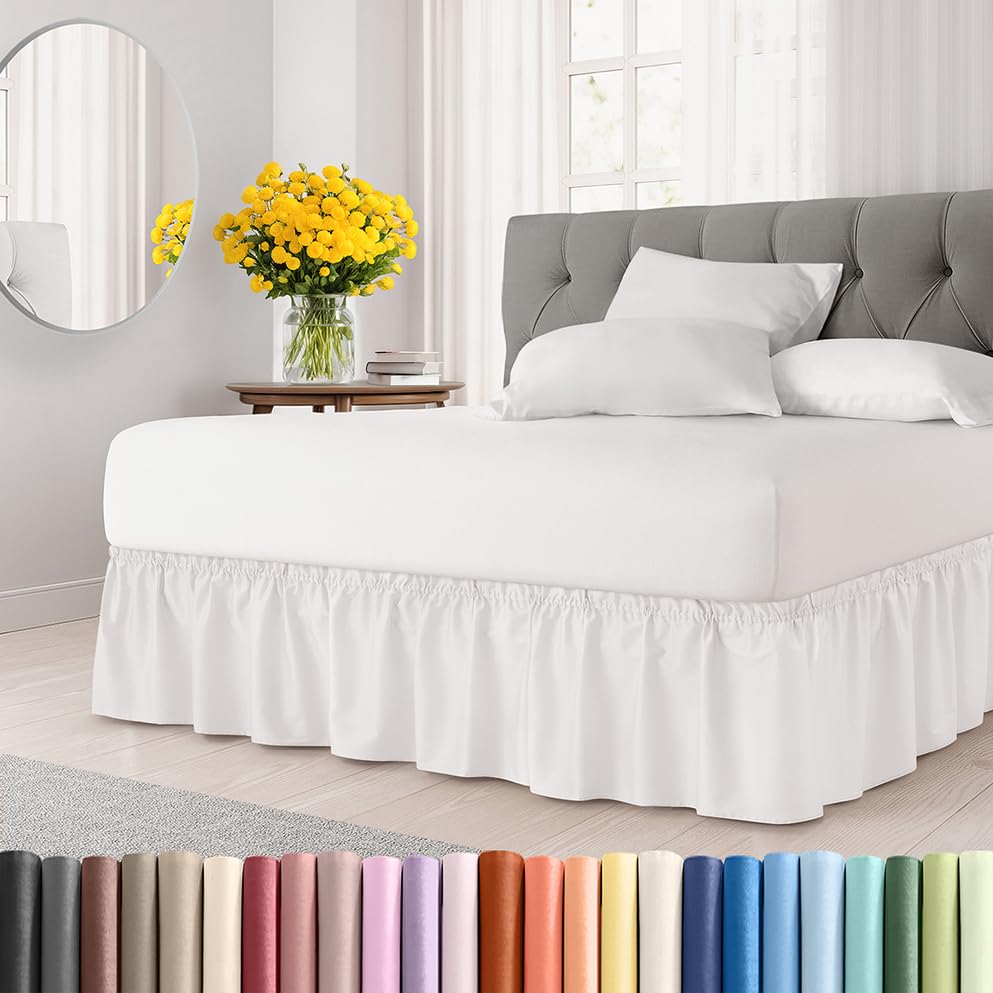 Photo 1 of Wrap Around Dust Ruffle Bed Skirt - Antique White - for Queen Size Beds w/ 12 Inch Drop - Easy Fit Elastic Strap - Adjustable Pleated Bedskirt w/Brushed Fabric, Wrinkle Free Women, Men, Kids & Teens