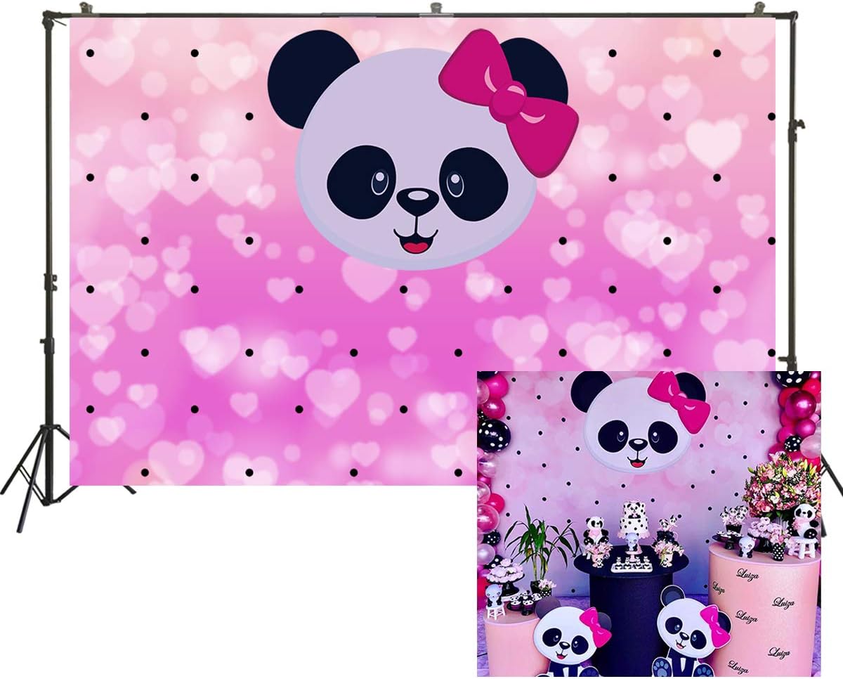 Nivius 220x150cm Pink Cute Panda Photo Backdrop for Baby Girls Shower Happy Birthday Party Animal Theme Decoration Table Dessert Banner Background Photography Pictures Studio Props W-2096