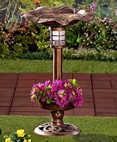 SOLAR LIGHTED BIRDBATH WITH PLANTER BRONZE BIRDBATH WITH FLOWER PLANTER GARDEN ;supply_by_bixlife
