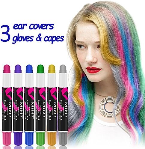 Hair Dyeing Chalk Pen Set - 6 Colors Metallic Glitter Nontoxic Temporary Cosplay Hair Coloring Crayon Waxy Pen with 3 Pairs Ear Covers, Gloves &amp; Capes for Teens Kids Boys Girls Child