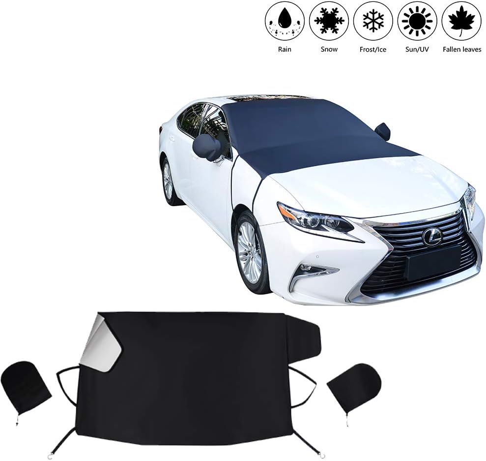 JFUNE Car Windshield Cover, Windscreen Snow Cover with Mirror Covers, Snow Ice Frost Sun UV Dust Water Resistent, Fit for Cars SUVs All Years Summer/Winter (L)