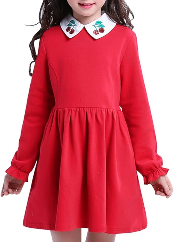 Amazon Happyjp 子ども ワンピース 無地 さくらんぼ柄 子供服 ガールズ フレア ロングスリーブ ワンピース チュニック 通販