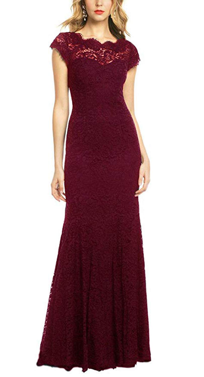 REPHYLLIS Women's Retro Floral Lace Vintage Wedding Maxi Bridesmaid Long Dress(XXL,DarkRed)