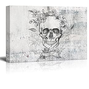 Canvas Print Wall Art - Day of The Dead (Dia De Los Muertos) Themed Skull and Flowers - Gallery Wrap Modern Home Art | Ready to Hang - 12x18 inches