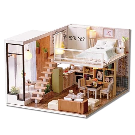Decdeal DIY Miniature Loft Dollhouse Kit Realistic Mini 3D Wooden House Room Toy with Furniture LED Lights Christmas Childrens Day Birthday Gift