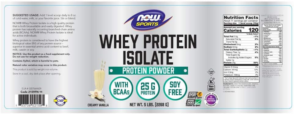 NOW Sports Nutrition, Whey Protein Isolate, 25 G With BCAAs, Creamy Vanilla Powder, 5-Pound: Health & Personal Care