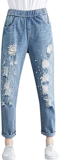 Amazon Yunhen ジーンズ レディース ダメージ デニムパンツ ゆったり パール付き ロングパンツ 大きいサイズ オシャレ テーパード パンツ カジュアル 着痩せ ズボン デニム 9分丈 ジーンズ 通販