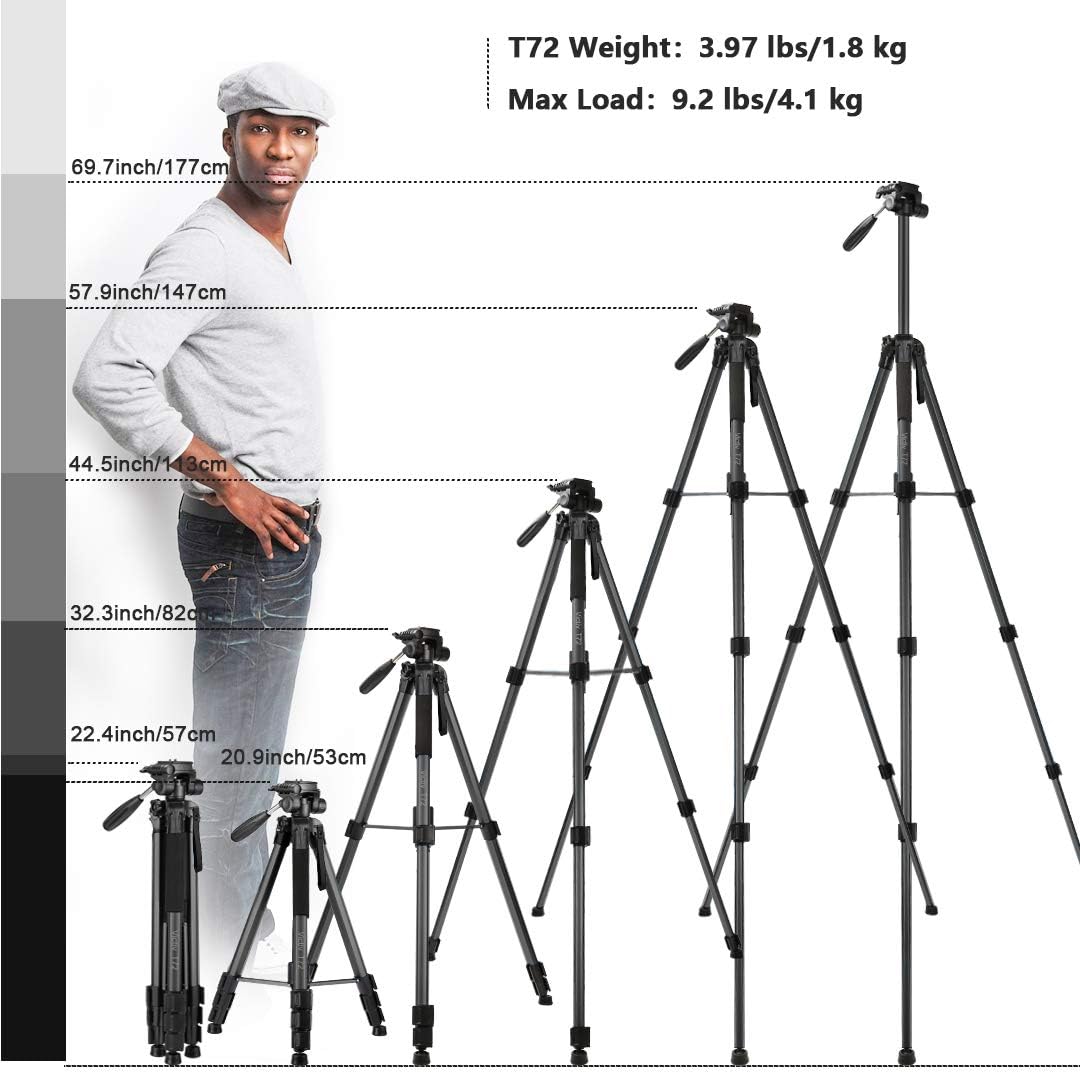 Victiv 72-inch Camera Tripod Aluminum Monopod T72 Max. Height 182 cm - Lightweight and Compact for Travel with 3-way Swivel Head and 2 Quick Release Plates for Canon Nikon DSLR Video Shooting - Black : Camera & Photo