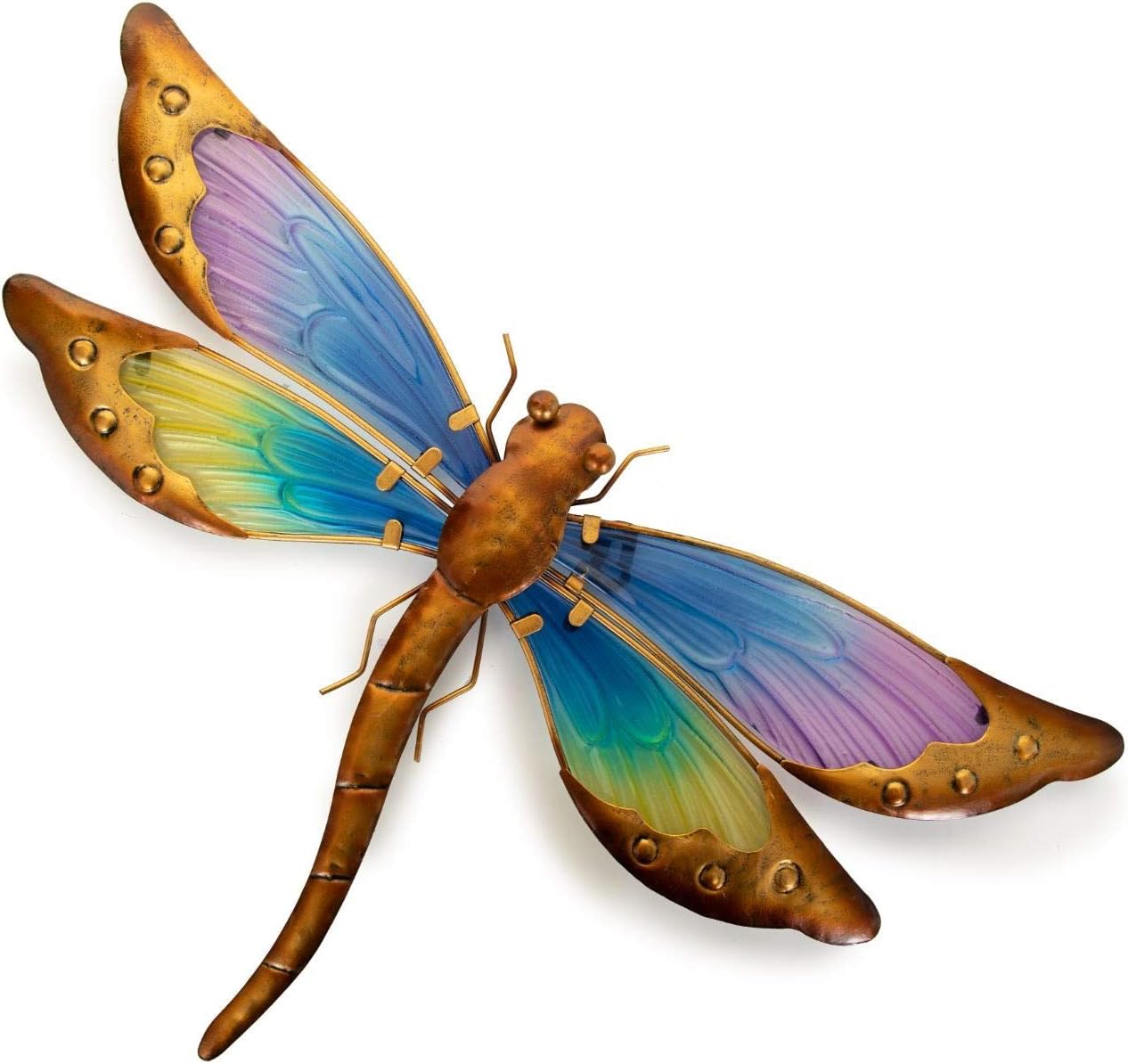 Creekwood Large Dragonfly Glass/Metal Garden Wall Art Decoration, W47 x H30 cm, Gold/Blue, 43189