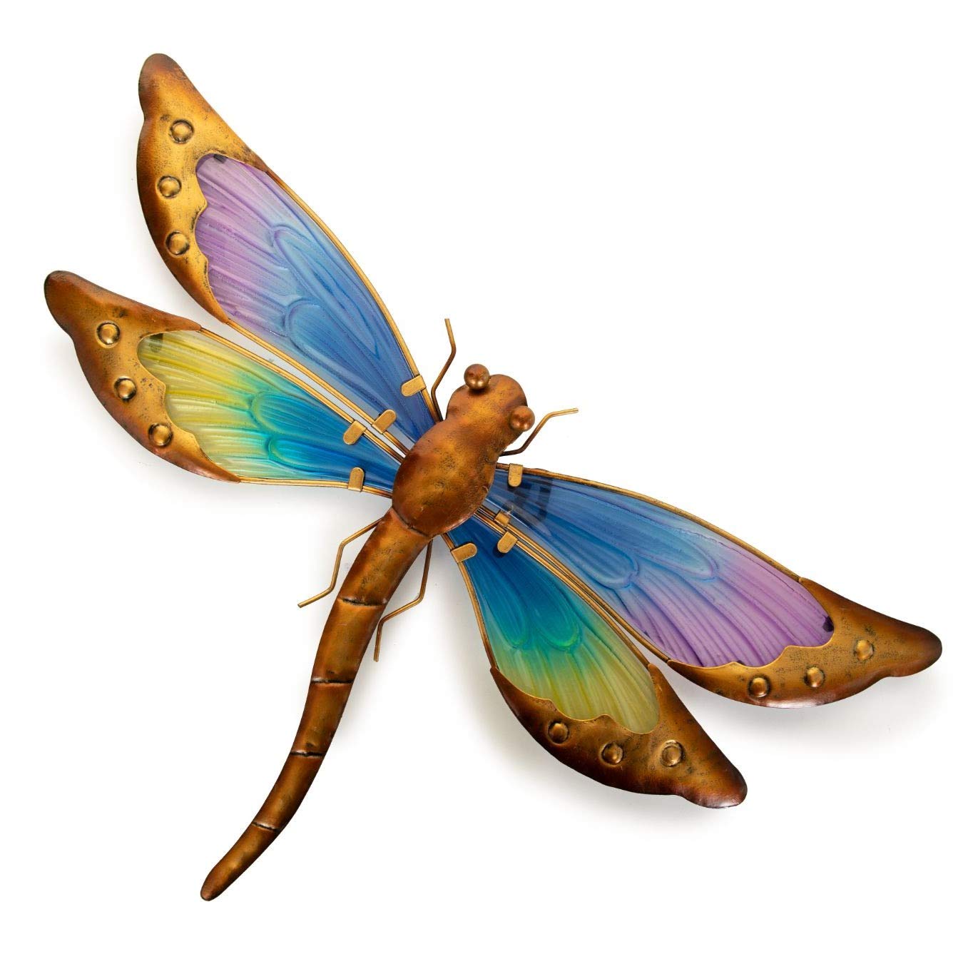 Creekwood Large Dragonfly Glass/Metal Garden Wall Art Decoration, W47 x H30 cm, Gold/Blue, 43189