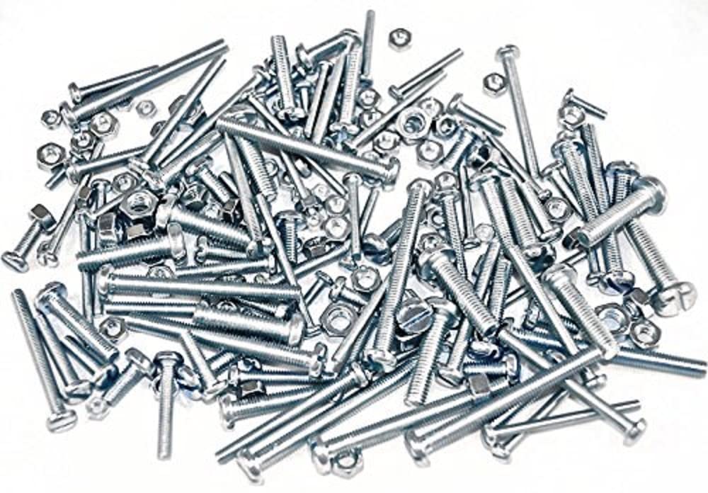 Merriway BH06525 (200 Pcs) Bright Zinc Plated Workshop Assortment of Slotted Pan Head Machine Screws & Nuts - Pack of 200 Pieces
