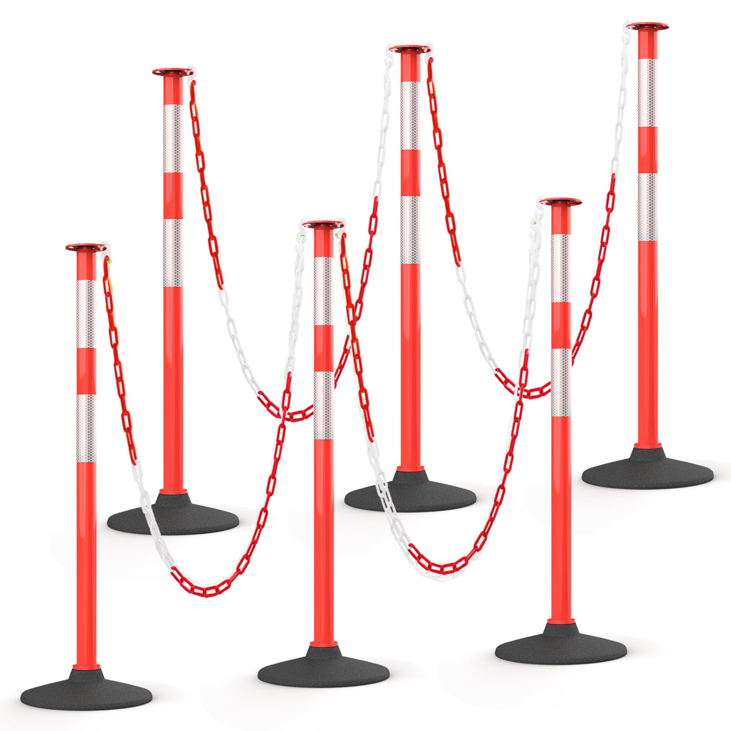 Photo 1 of HiGiant 6 Pack 34 Inches Traffic Delineator Posts with Weighted Rubber Base, Portable Orange Safety Posts Cones with Reflective Collars and 5 Ft Plastic Chains for Parking Lot, Construction Work