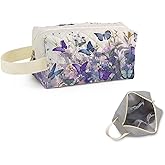 SuoSycorax Purple Butterfly Printed Quilted Makeup Pouch for Women - Velvety Polyester Cosmetic Organizer w/Triple Compartments, Travel & Makeup Brush Holder