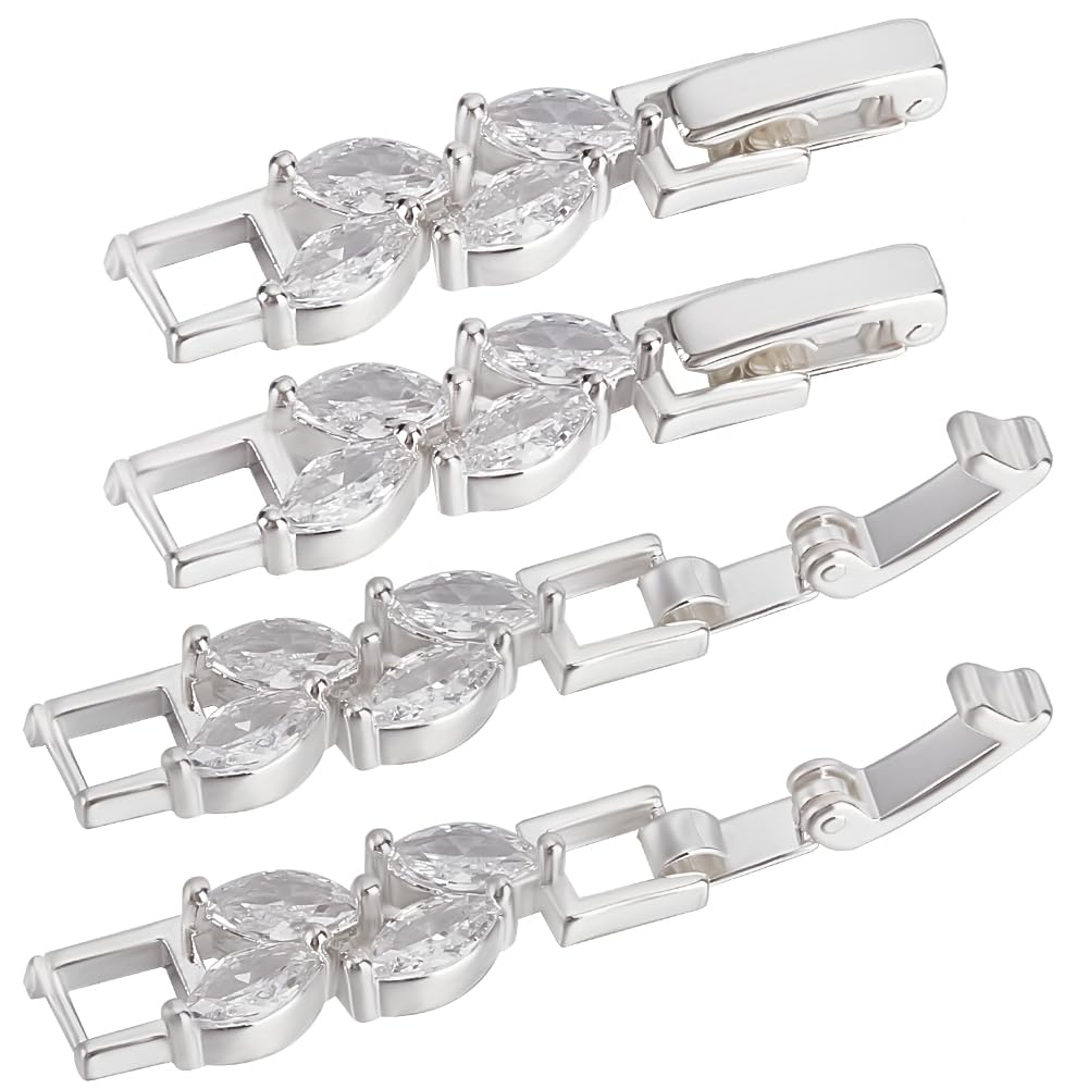 Beebeecraft 1 Box 6Pcs Bracelet Extender Clasp Leaves Shape Cubic Zirconia Silver Fold Over Clasps Watch Band Extension for Jewelry Making (1.22 inch/31mm)