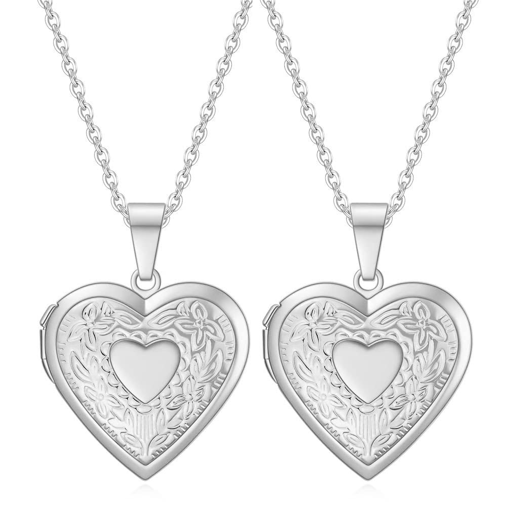 Liitata 2 Pcs Love Heart Locket Necklace That Holds Pictures Flower Lockets Necklaces Stainless Steel Photo Memory Necklace Chain for Women Girls Birthday Gift Souvenir - Silver