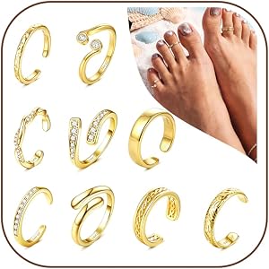 9PCS Toe Rings for Women Non Tarnish - Adjustable 14K Gold Filled Toe Ring | Silver Dainty Open CZ Toe Rings Set,Waterproof S