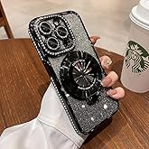 OUROL Magnetic Kickstand (Glitter Lens Protector ) Case for iPhone 15 14 13 12 Pro Max (Compatible with Magsafe ) Sparkling Diamond Cover Glitter Shiny Rhinestone Cases (Black,for iPhone 14)