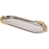 Elegance Golden Vine 15.25 x 6.25 Narrow Oval Hammered Serving Tray | Shatterproof heavy-gauge build; sculpted gold branch handles; tarnish-resistant finish for appetizer service