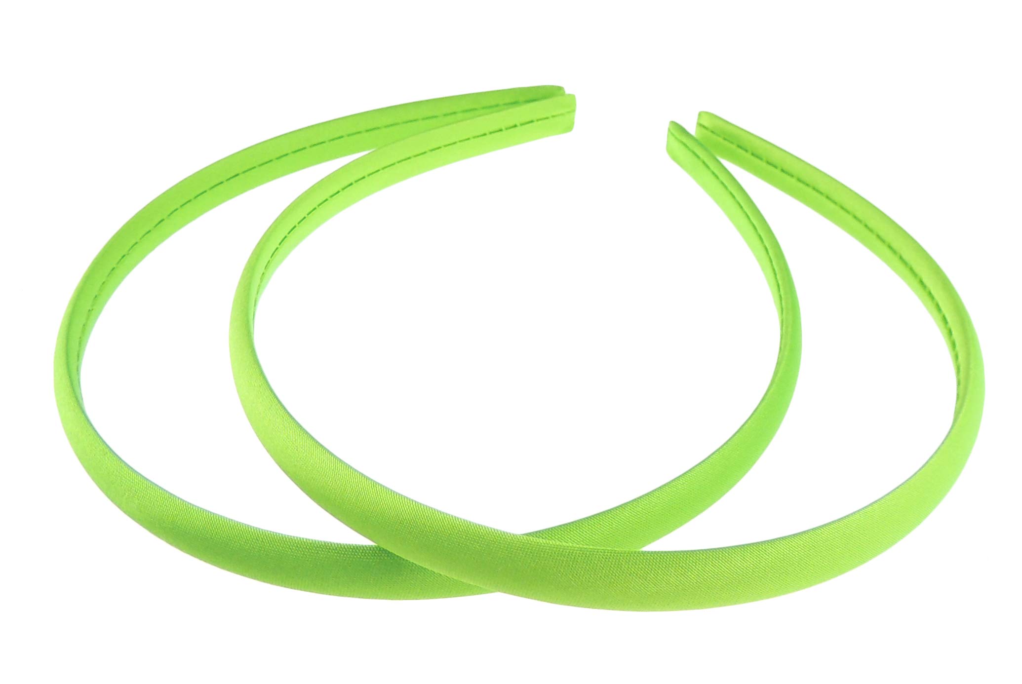 Pair of 2 Slim Thin 1cm Satin Covered Teens Girls Bridesmaid Basic Party Satin Plain DIY Alice Headband Hairband Head Hair Band Kids School Uniform (Bright Lime, One Size)